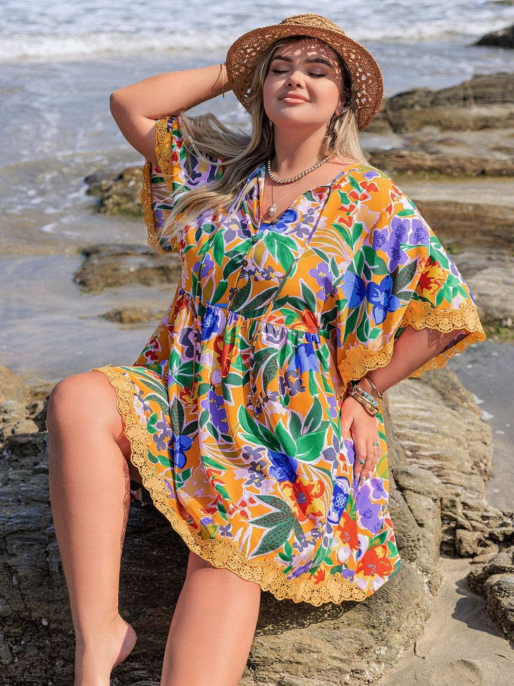 Plus Size Lace Detail Printed Tie Neck Half Sleeve Dress - Trendsi - Flyclothing LLC