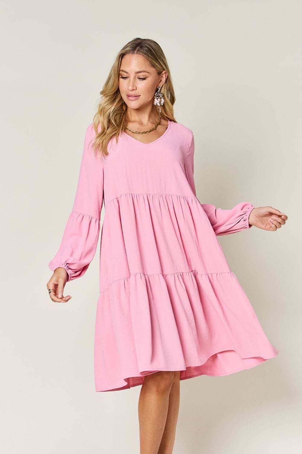 Double Take Full Size V-Neck Balloon Sleeve Tiered Dress - Trendsi - Flyclothing LLC