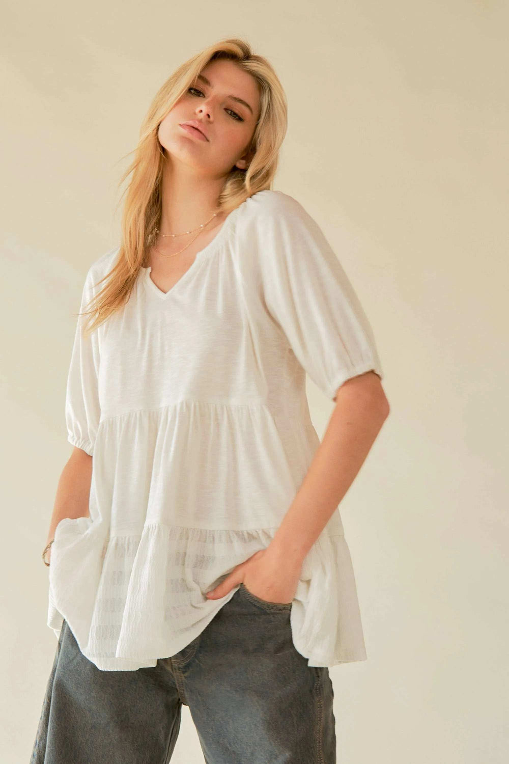 Davi & Dani Ruffled Flared Short Sleeve V Neck Blouse - Trendsi - Flyclothing LLC