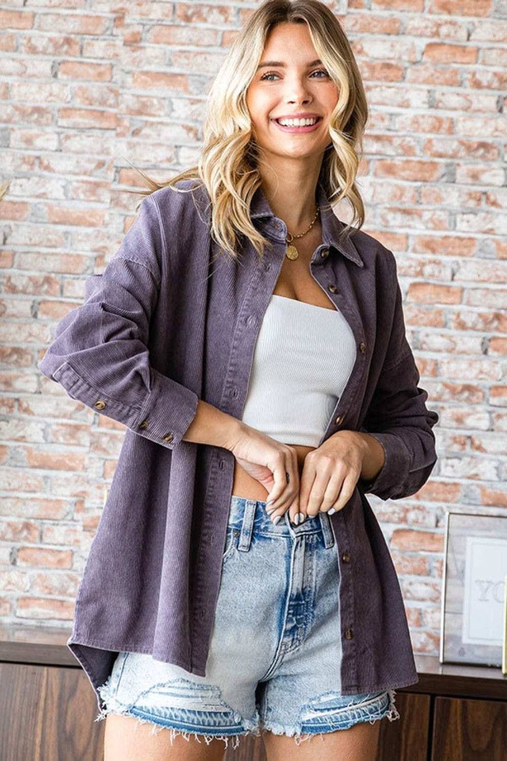 First Love Washed Corduroy Button Down Long Sleeve Shirt - Trendsi - Flyclothing LLC