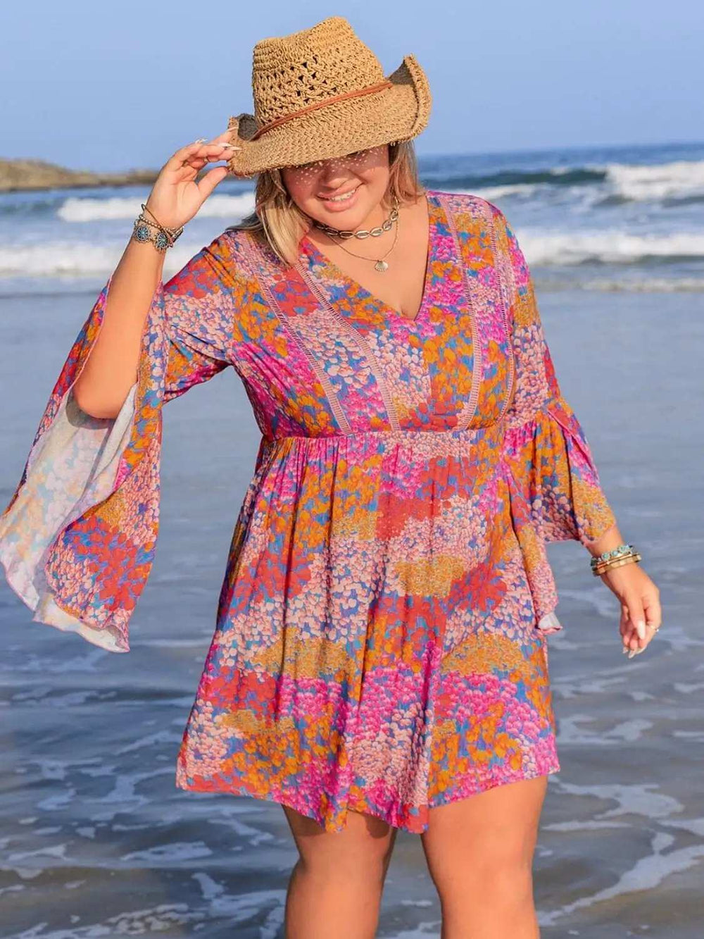 Plus Size Ruched Printed Long Sleeve Dress - Trendsi - Flyclothing LLC