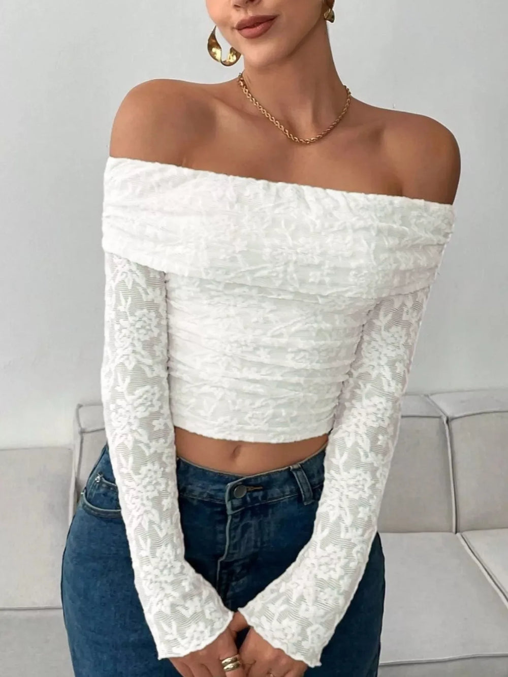 Lace Off-Shoulder Long Sleeve Top - Trendsi - Flyclothing LLC