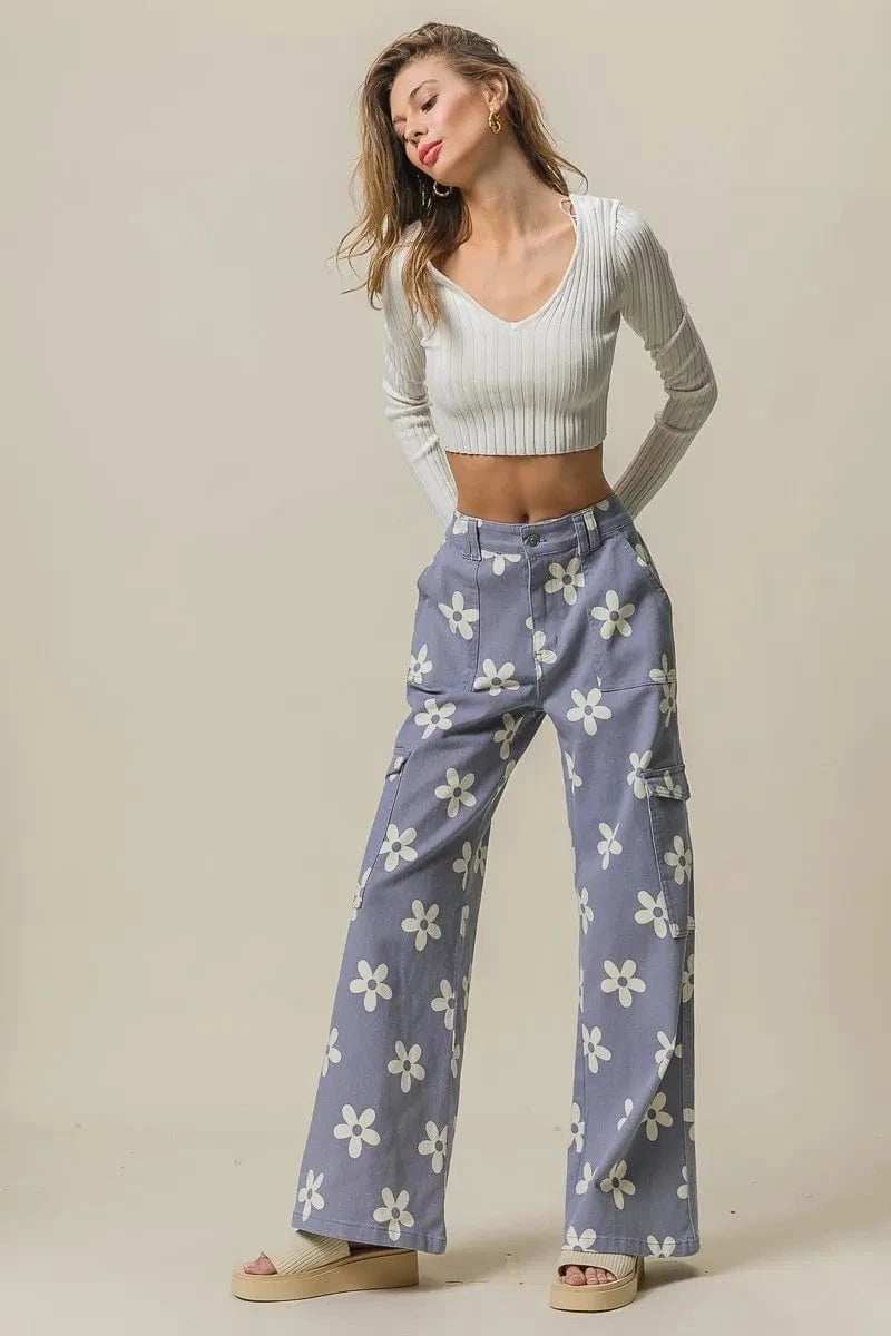 BiBi Flower Printed Side Pocket Wide Pants - Trendsi - Flyclothing LLC