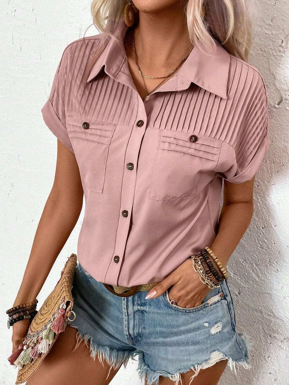Pleated Detail Collared Neck Short Sleeve Shirt - Trendsi - Flyclothing LLC