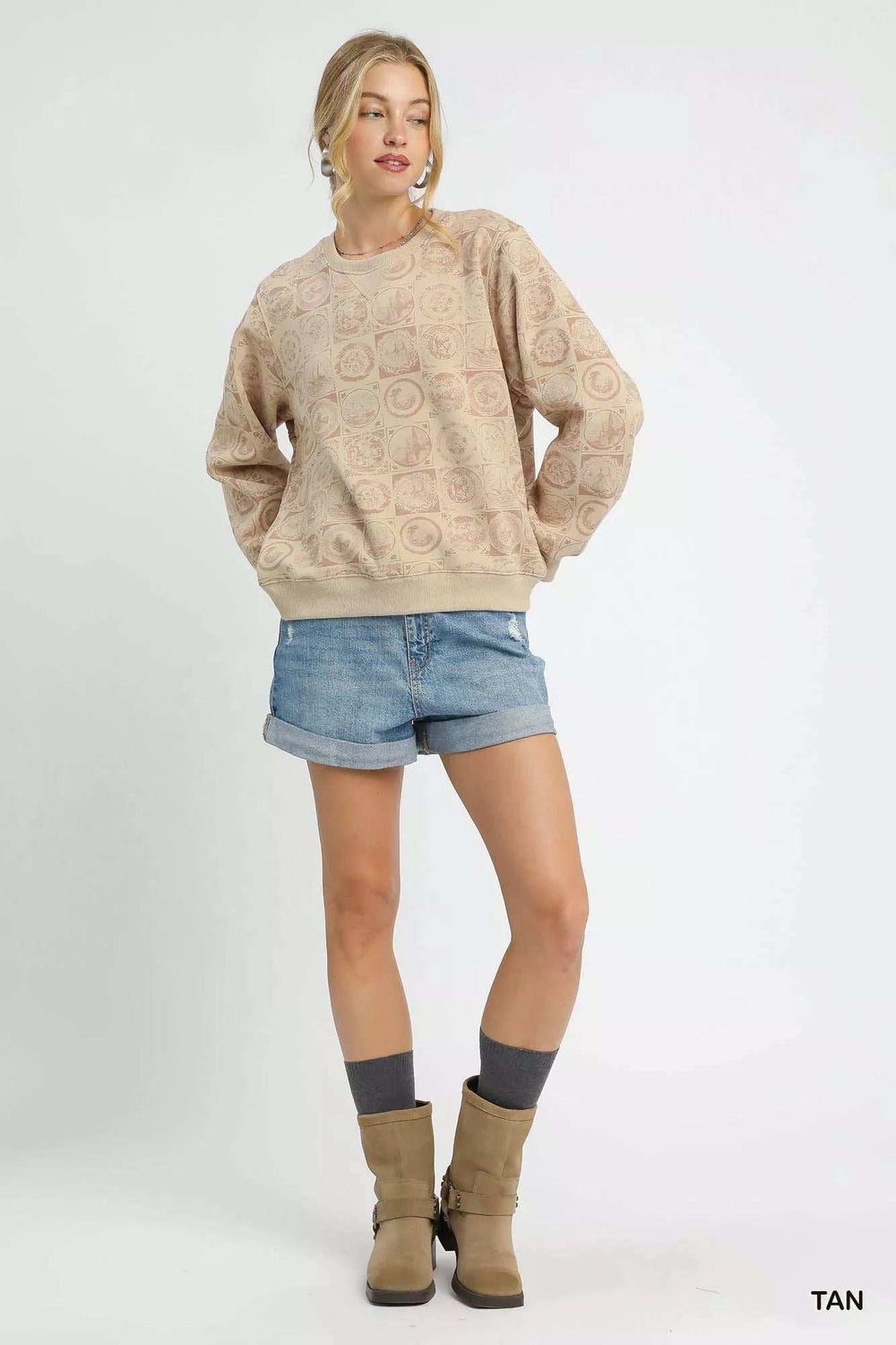 Umgee Coin Stamp Print Sweatshirt - Trendsi - Flyclothing LLC