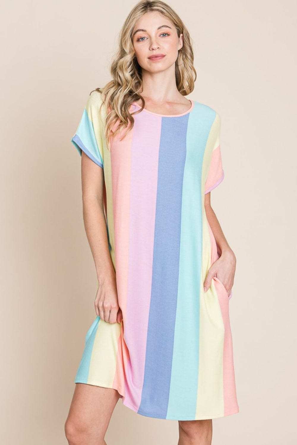 BOMBOM Striped Short Sleeve Dress with Pockets - Trendsi - Flyclothing LLC