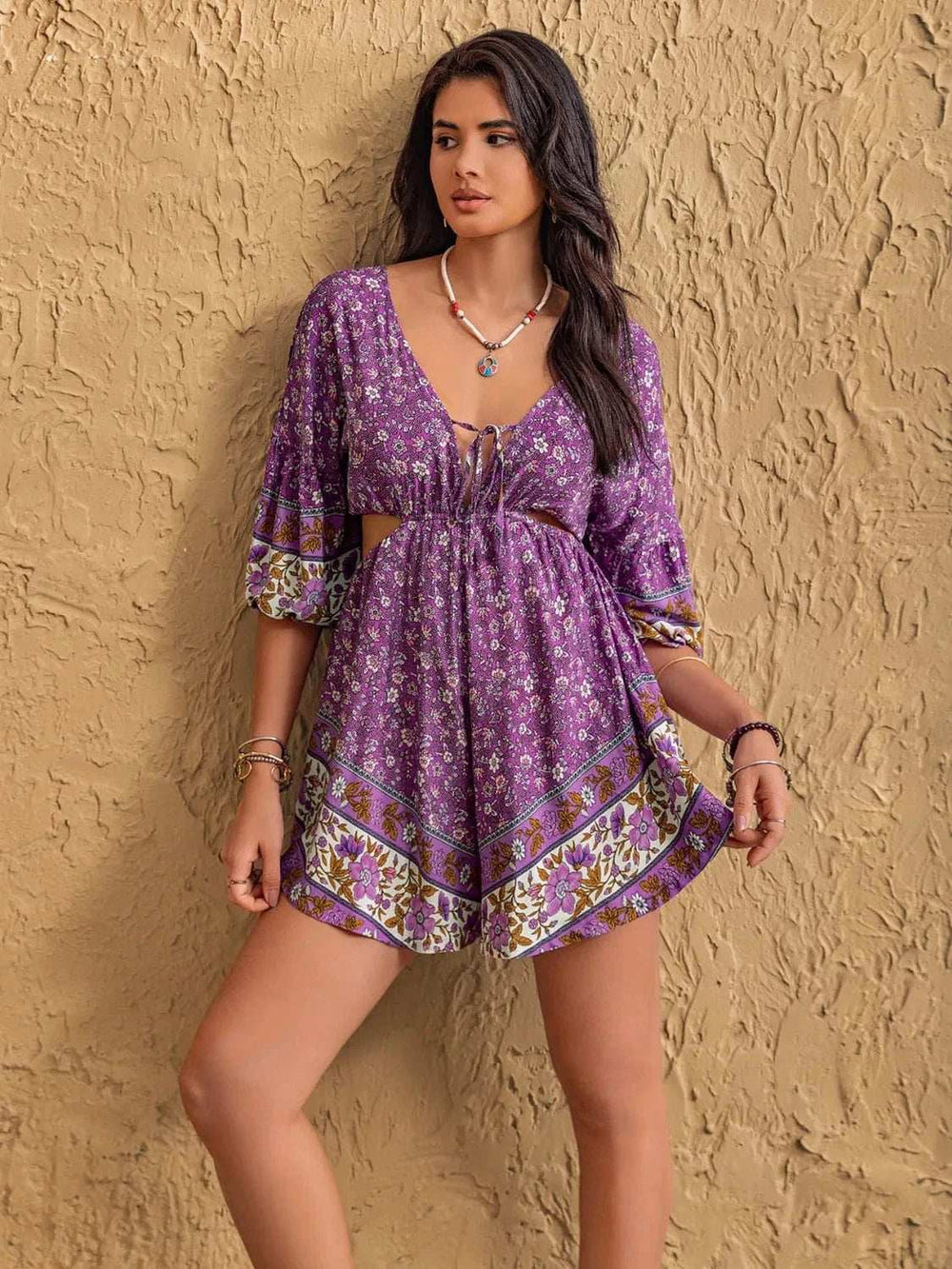 Tied Front Cutout Printed Romper - Trendsi - Flyclothing LLC