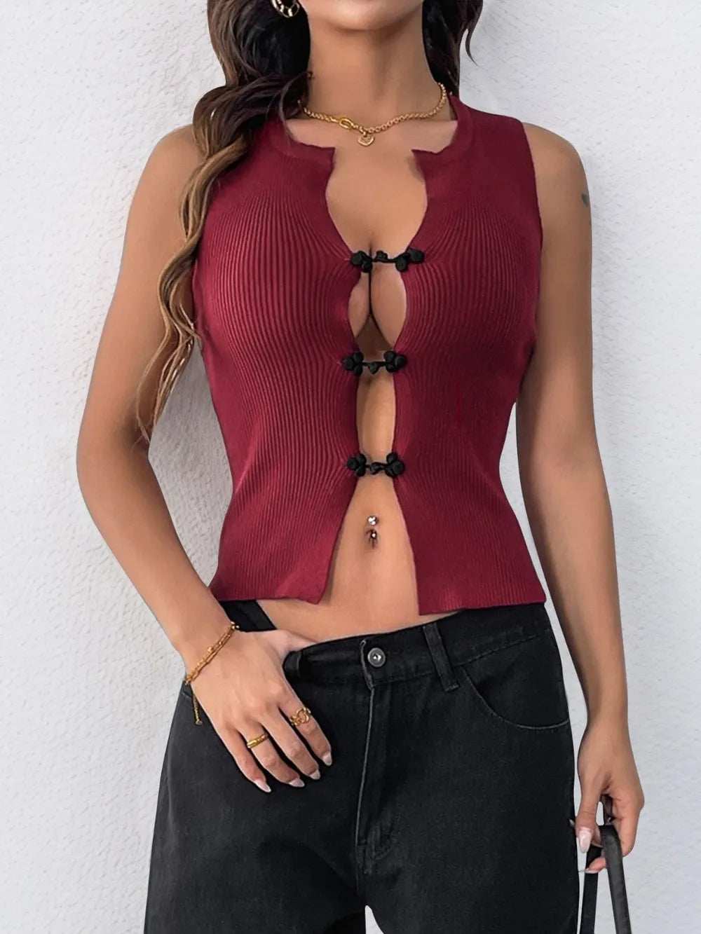 Perfee Ribbed Knot Button Cropped Tank - Trendsi - Flyclothing LLC