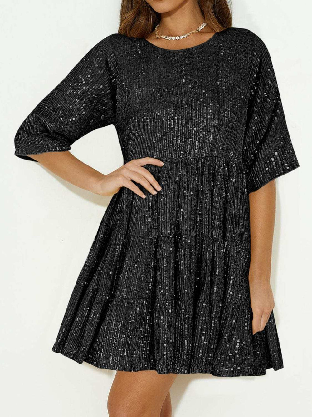 Sequin Round Neck Half Sleeve Mini Dress - Trendsi - Flyclothing LLC