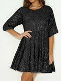 Sequin Round Neck Half Sleeve Mini Dress - Trendsi - Flyclothing LLC