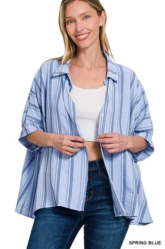 Zenana Woven Yarn-Dye Stripe Oversized Button Down Shirt - Trendsi - Flyclothing LLC