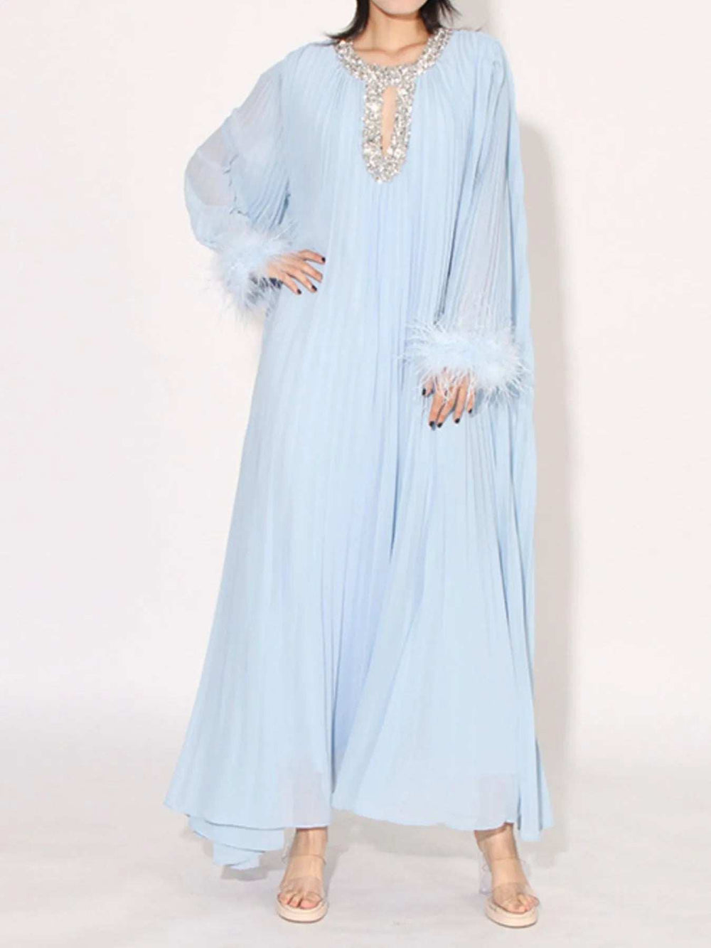 Rhinestone Long Sleeve Maxi Dress - Trendsi - Flyclothing LLC