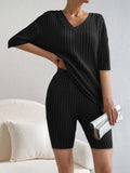 Ribbed V-Neck Top and Shorts Set - Trendsi - Flyclothing LLC