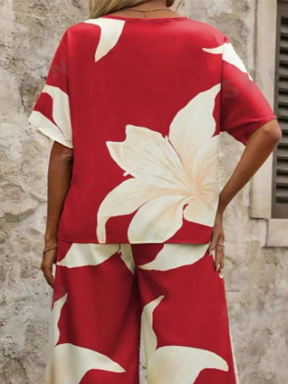 Printed V-Neck Top and Wide Leg Pants Set - Trendsi - Flyclothing LLC