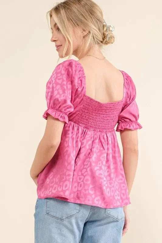And The Why Satin Leopard V Wired Puff Sleeves Blouse - Trendsi - Flyclothing LLC