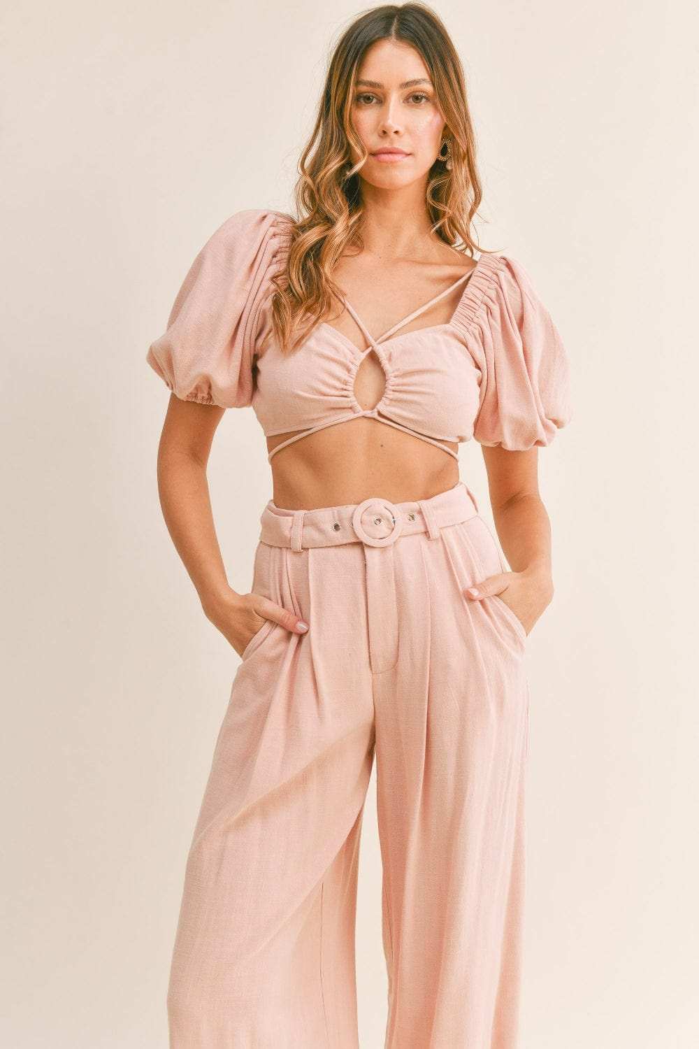 MABLE Cut Out Drawstring Crop Top and Belted Pants Set - Trendsi - Flyclothing LLC