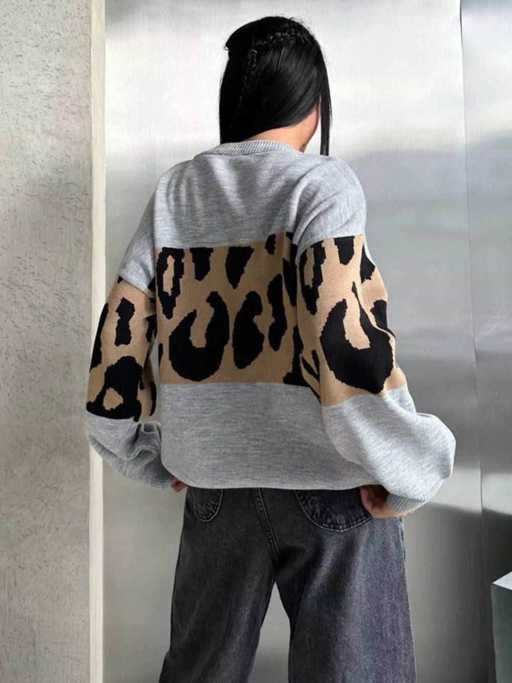 Leopard Color Block Round Neck Sweater - Trendsi - Flyclothing LLC