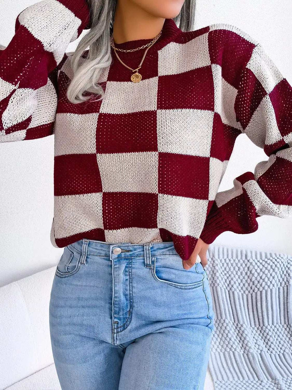 Checkered Mock Neck Long Sleeve Sweater - Trendsi - Flyclothing LLC