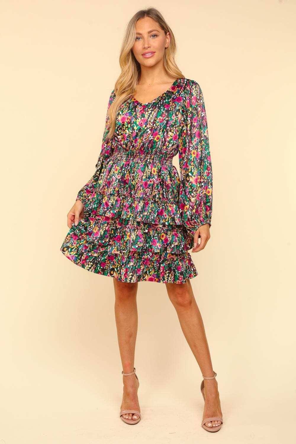 Haptics V-Neck Satin Floral Layered Dress - Trendsi - Flyclothing LLC