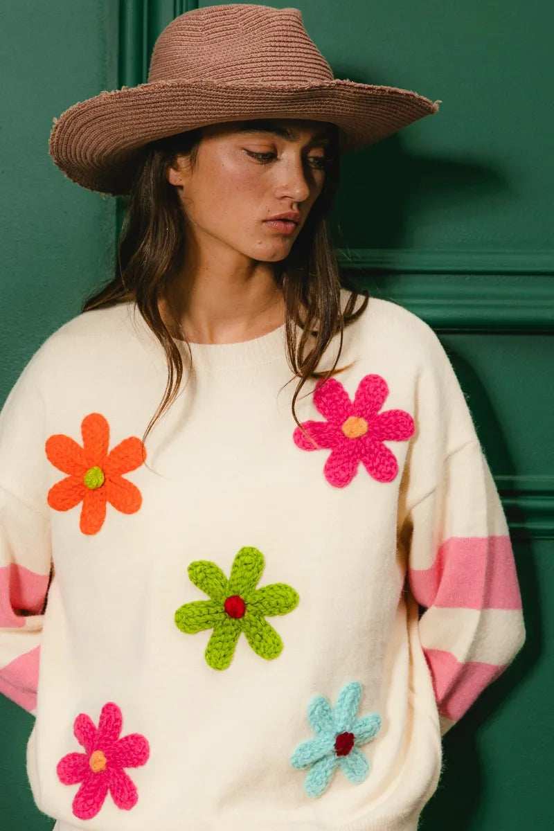 BiBi Colorful Floral Patched Sweater with Striped Sleeve - Trendsi - Flyclothing LLC