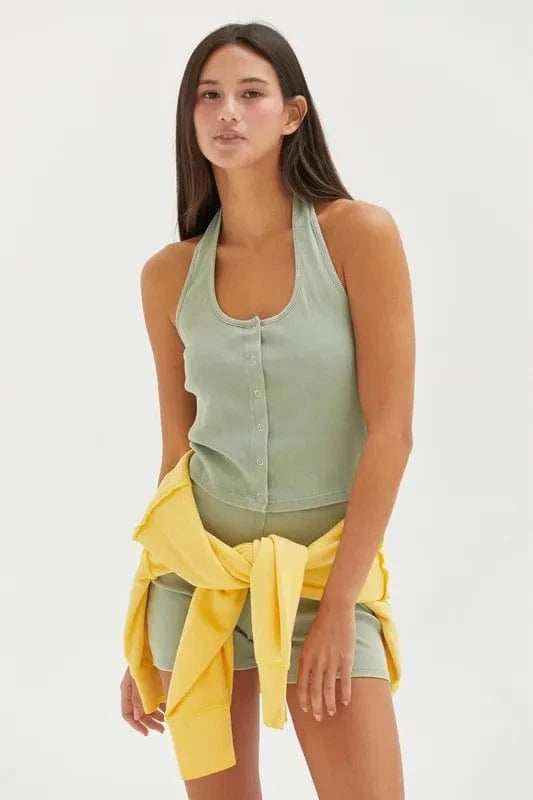 HYFVE Halter Neck Buttoned Washed Top - Trendsi - Flyclothing LLC