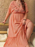 Plus Size Frill Embroidered V-Neck Half Sleeve Maxi Dress - Trendsi - Flyclothing LLC