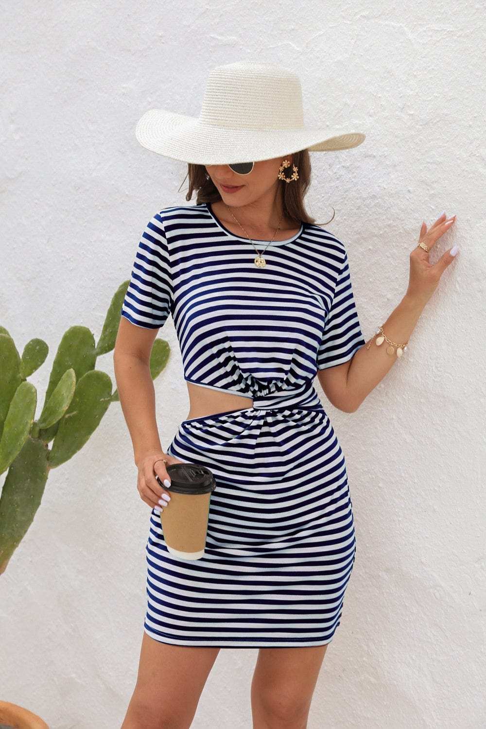 Cutout Striped Round Neck Short Sleeve Dress - Trendsi - Flyclothing LLC