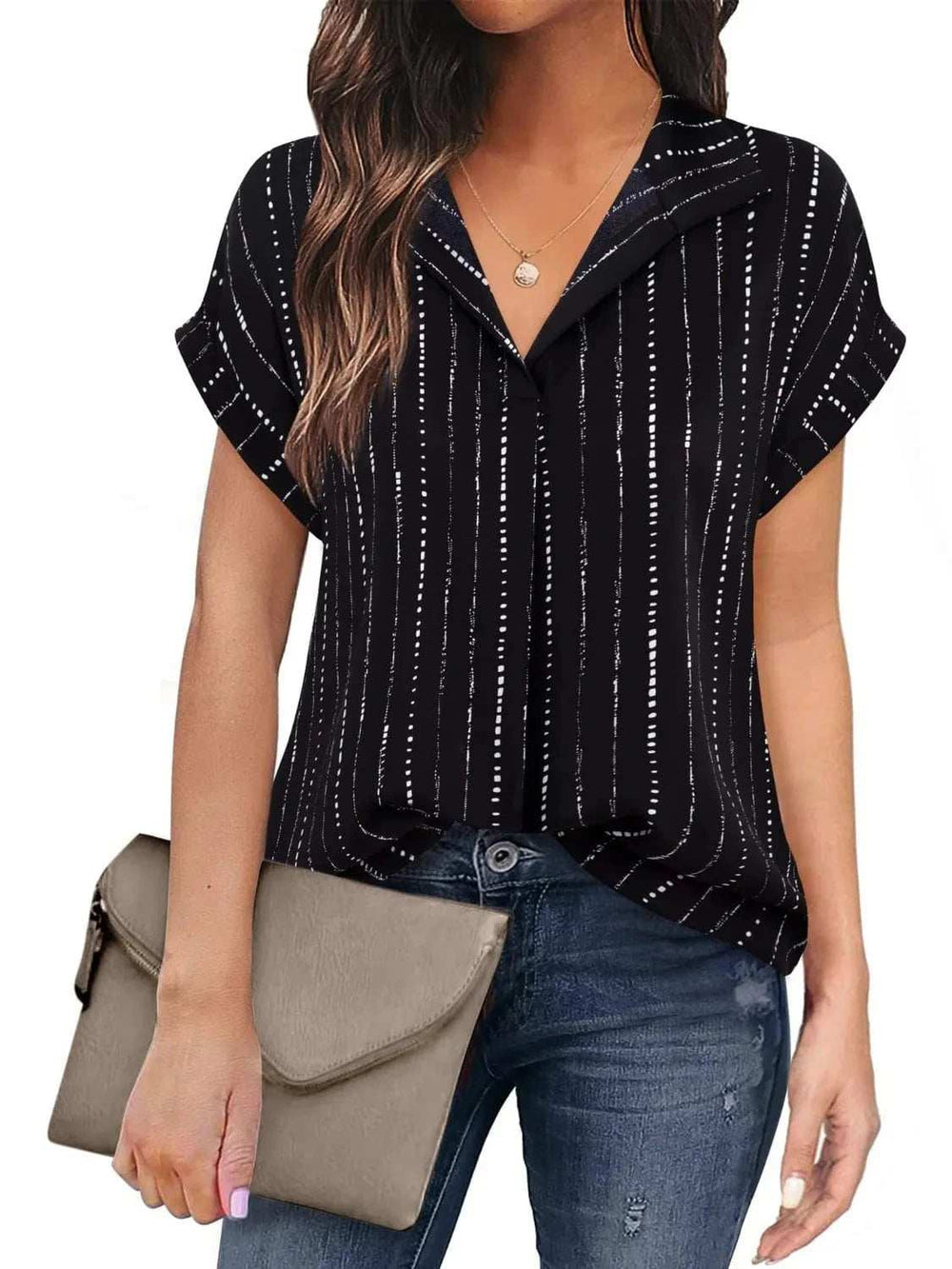 Collared Neck Short Sleeve Blouse - Trendsi - Flyclothing LLC