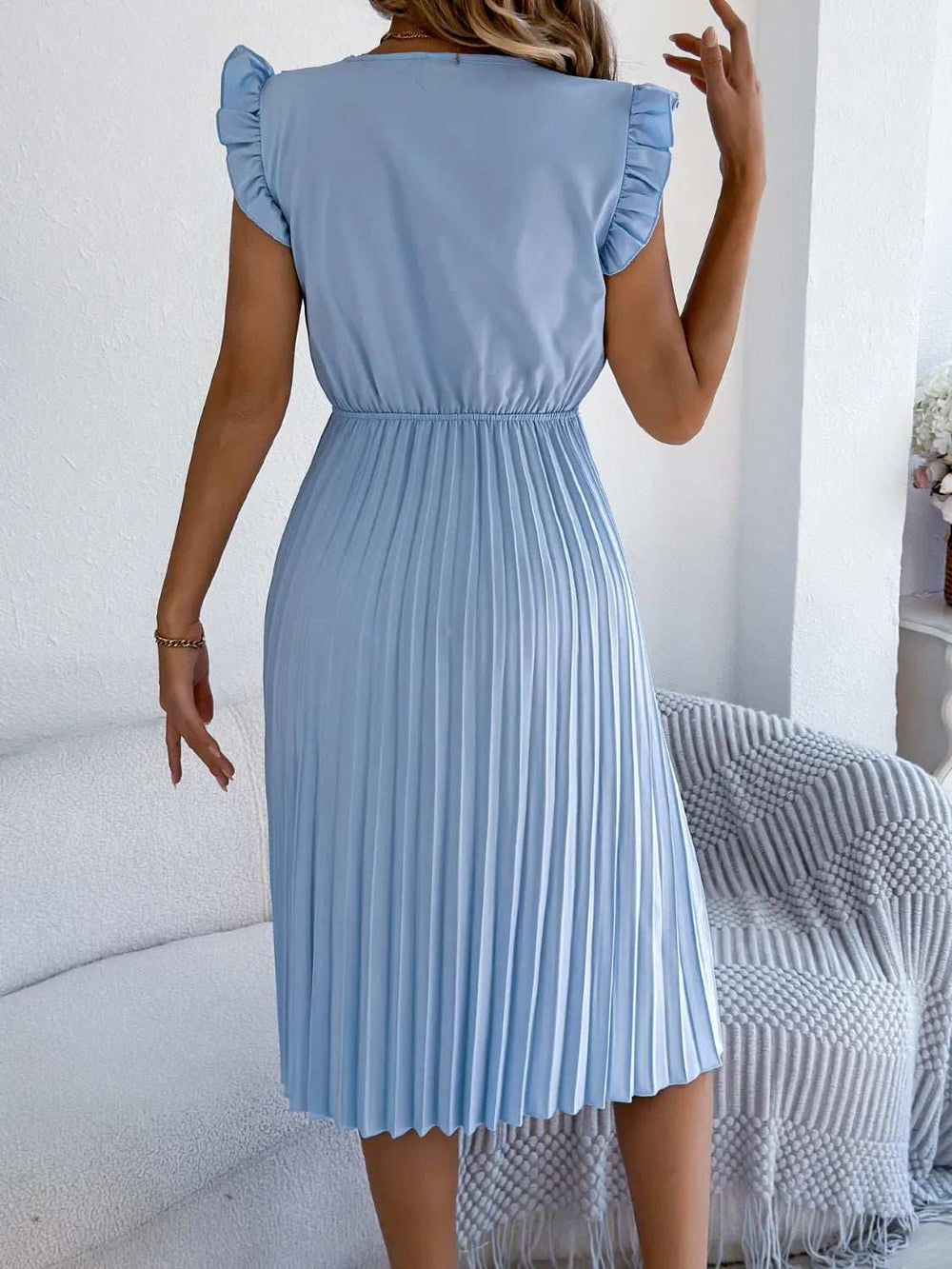 Lace Detail Ruffled Cap Sleeve Pleated Dress - Trendsi - Flyclothing LLC