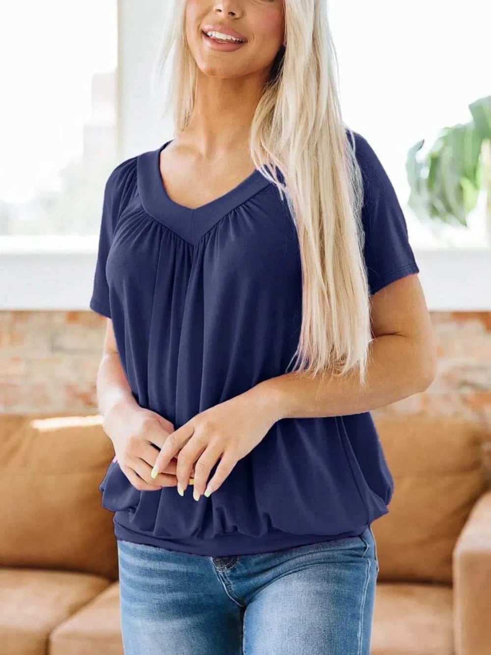 V-Neck Short Sleeve T-Shirt - Trendsi - Flyclothing LLC