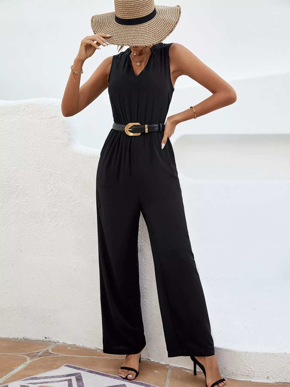 Sleeveless V-Neck Wide Leg Jumpsuit - Trendsi - Flyclothing LLC
