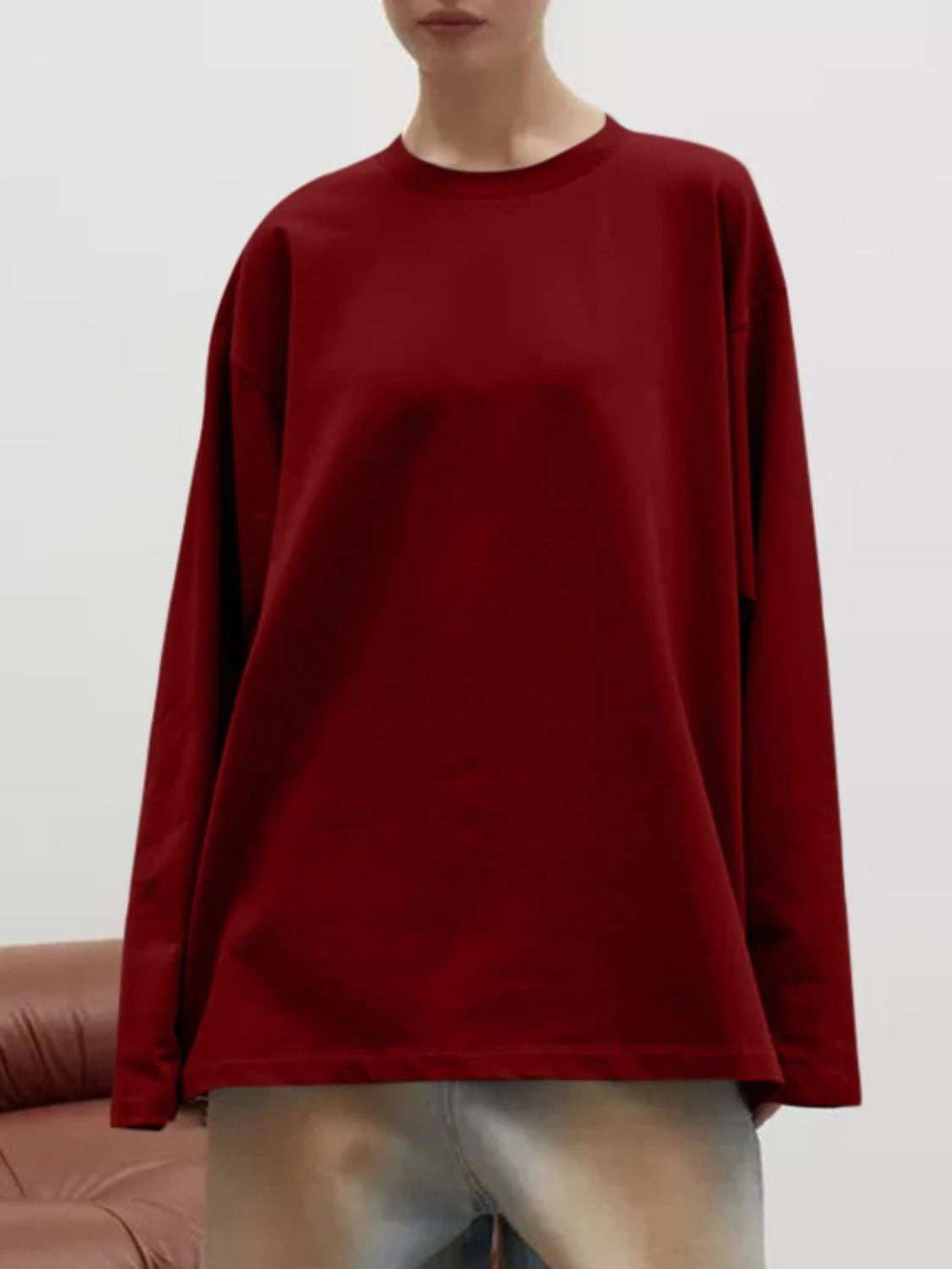 Round Neck Dropped Shoulder Long Sleeve T-Shirt - Trendsi - Flyclothing LLC