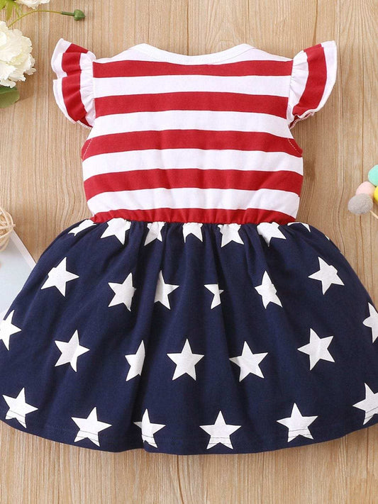 Striped & Stars Ruffled Round Neck Cap Sleeve Dress - Trendsi - Flyclothing LLC