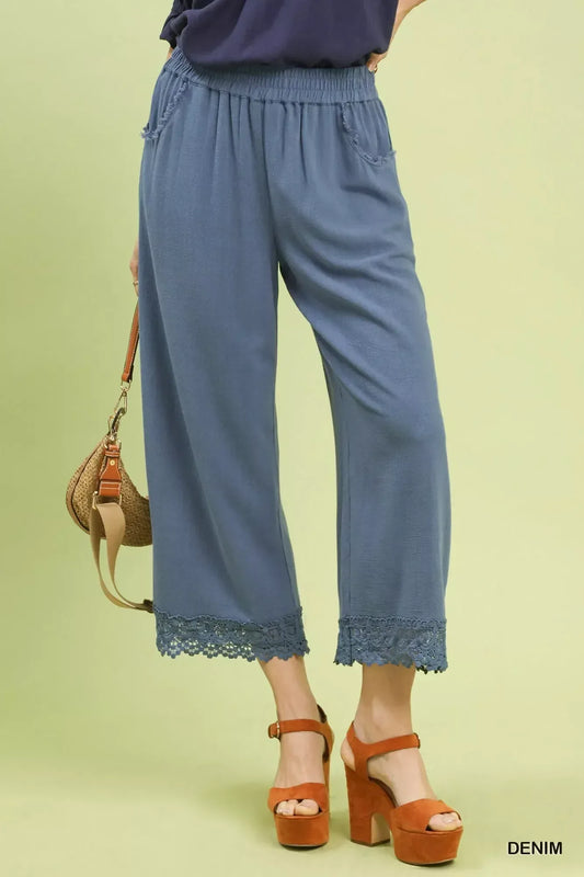 Umgee Linen Wide Leg Cropped Pants with Lace Trim - Trendsi - Flyclothing LLC