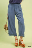 Umgee Linen Wide Leg Cropped Pants with Lace Trim - Trendsi - Flyclothing LLC