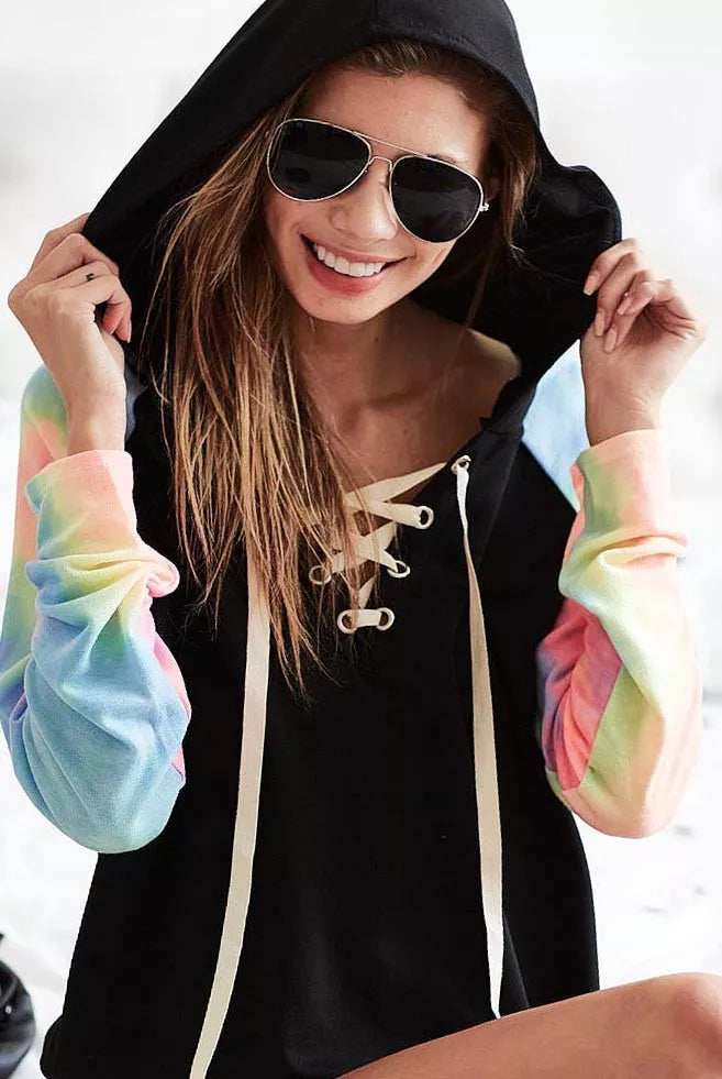 BiBi French Terry Lace Up Hoodie With Tie Dye Sleeves - Trendsi - Flyclothing LLC