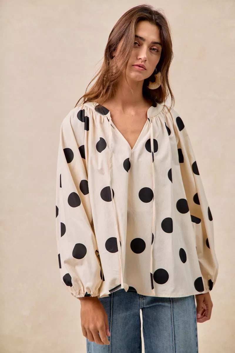 BiBi Polka Dot Exaggerated Balloon Sleeves Blouse - Trendsi - Flyclothing LLC