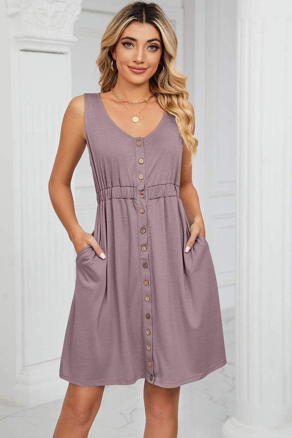 Buttoned Wide Strap Mini Dress - Trendsi - Flyclothing LLC