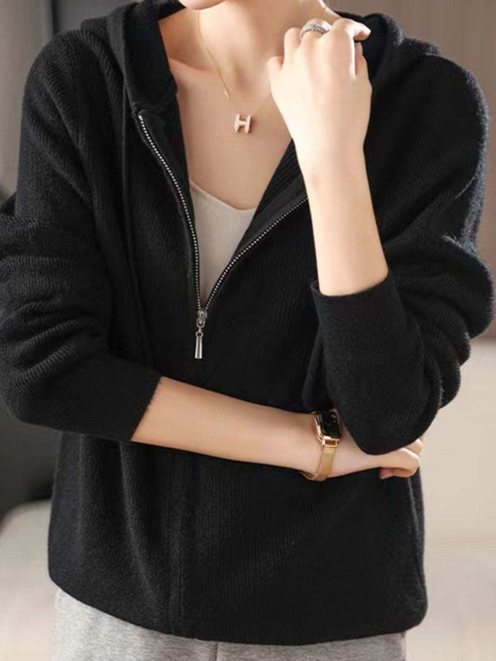 Drawstring Zip Up Long Sleeve Hooded Sweater - Trendsi - Flyclothing LLC