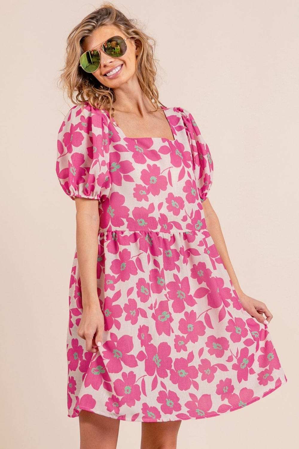 BiBi Printed Square Neck Puff Sleeve Mini Dress - Trendsi - Flyclothing LLC