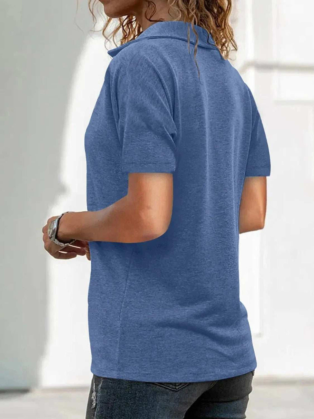 Zip Collar Short Sleeve Top - Trendsi - Flyclothing LLC