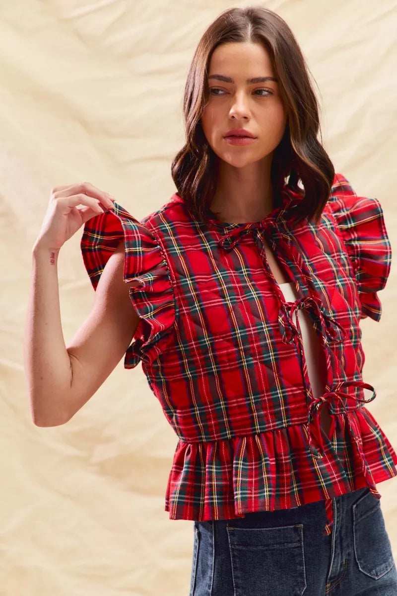 SO ME Christmas Holiday Plaid Ruffled Quilt Vest Top - Trendsi - Flyclothing LLC