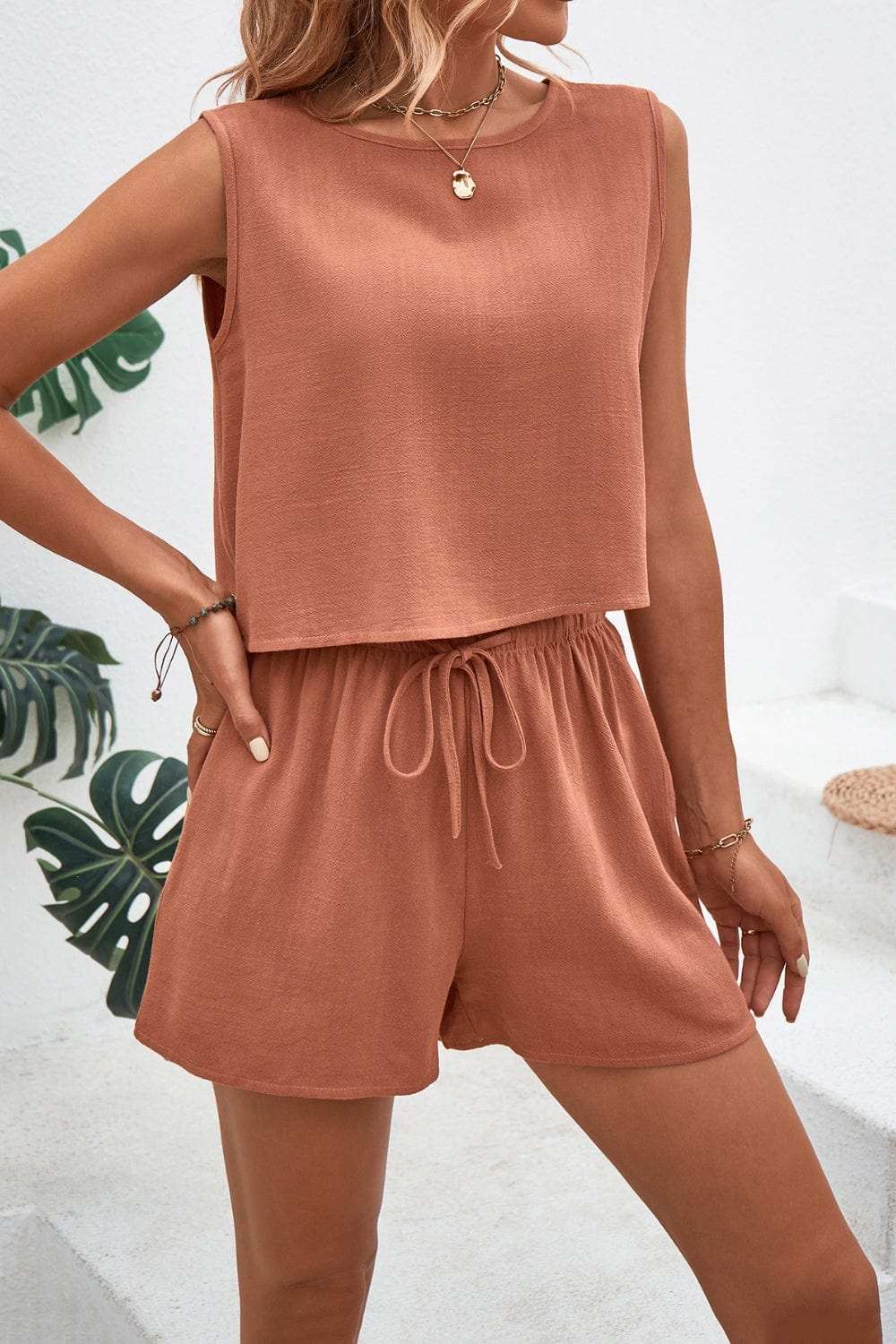 Round Neck Top and Drawstring Shorts Set - Trendsi - Flyclothing LLC