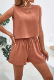 Round Neck Top and Drawstring Shorts Set - Trendsi - Flyclothing LLC