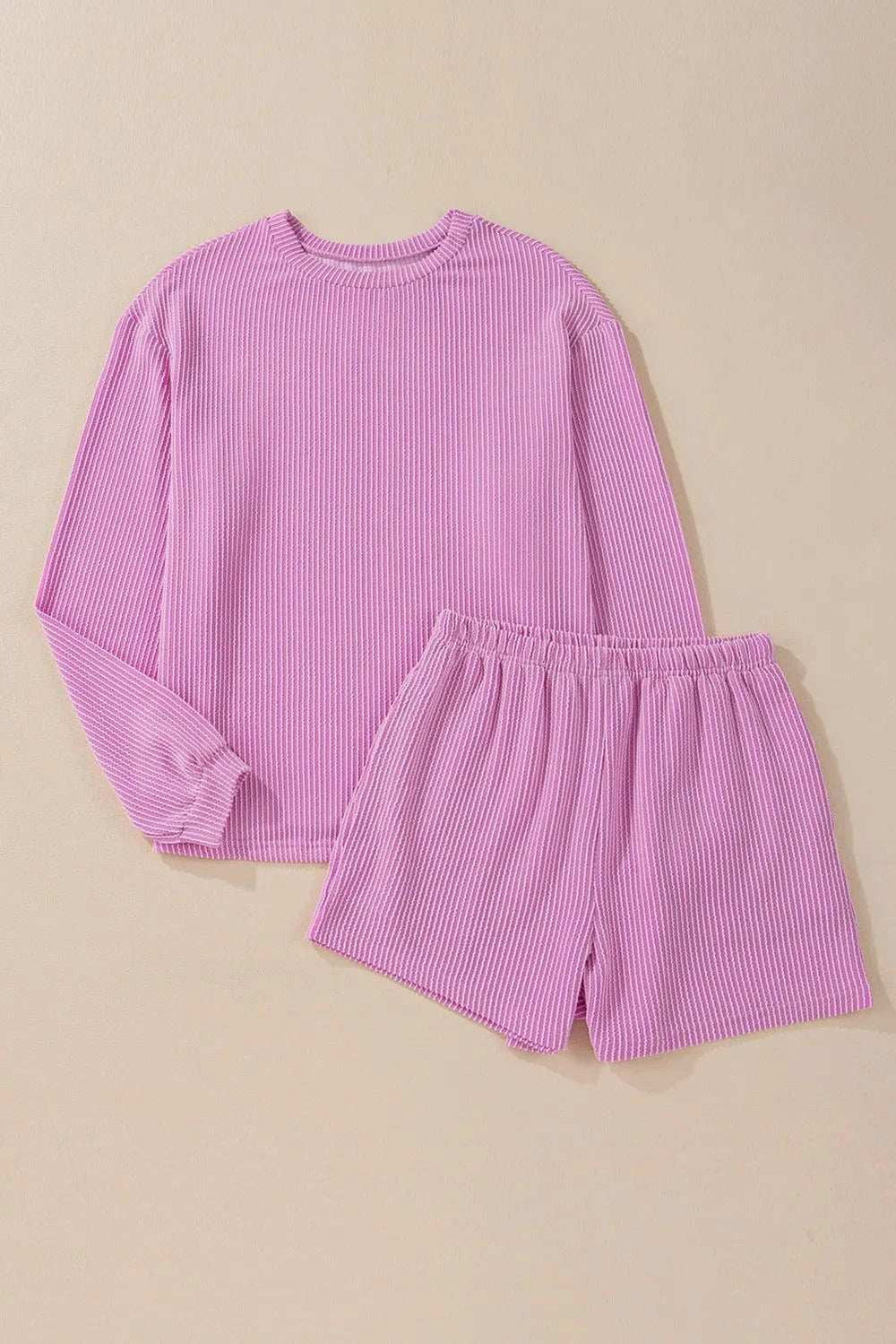 Round Neck Long Sleeve Top and Shorts Set - Trendsi - Flyclothing LLC