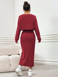 Ribbed Long Sleeve Cropped Cardigan and Slit Cami Dress Set - Trendsi - Flyclothing LLC