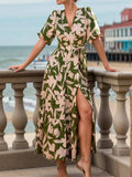 Tied Slit Printed Half Sleeve Midi Dress - Trendsi - Flyclothing LLC