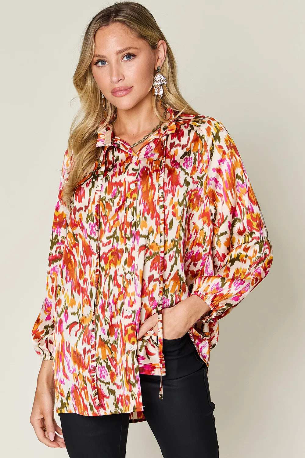 Double Take Full Size Printed Button Up Long Sleeve Shirt - Trendsi - Flyclothing LLC