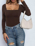Square Neck Long Sleeve Bodysuit - Trendsi - Flyclothing LLC