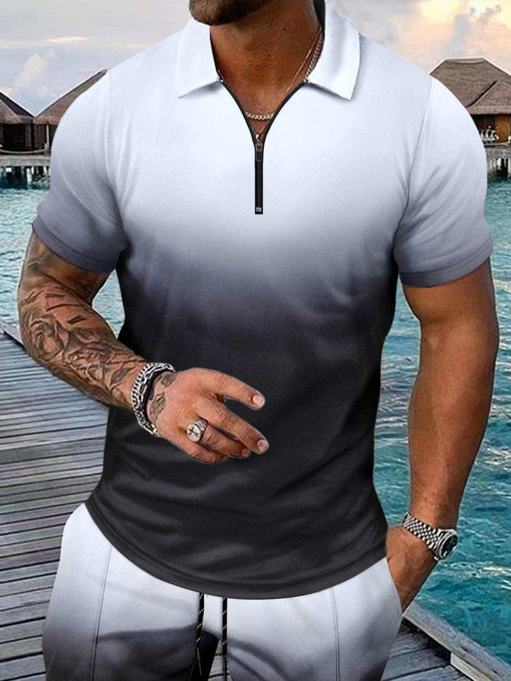 Men's Full Size Gradient Collared Neck Top and Shorts Set Plus Size - Trendsi - Flyclothing LLC